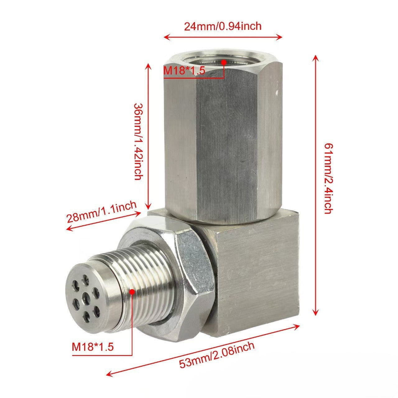 90° O2 Sensor Adapter Spacer – M18 x 1.5 Thread with Mini Catalytic Converter- 90 Degree
