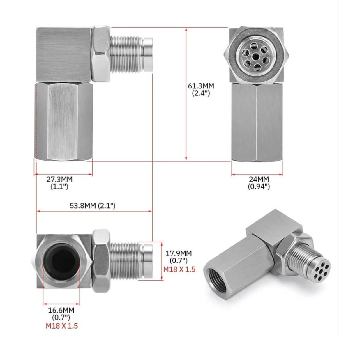90° O2 Sensor Adapter Spacer – M18 x 1.5 Thread with Mini Catalytic Converter- 90 Degree