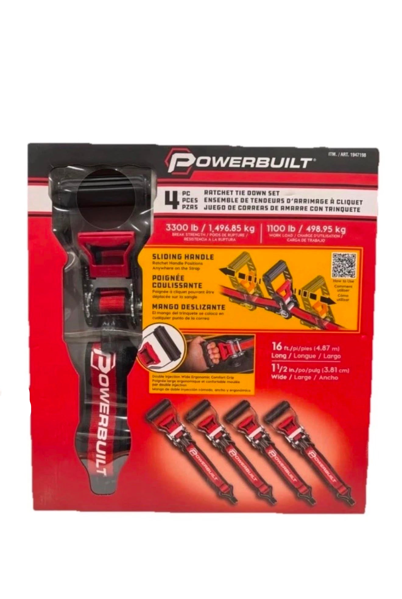Powerbuilt Heavy-Duty Ratchet Tie-Down Straps 4-Pack – 1.5” x 16’ | 3,300 lb Break Strength